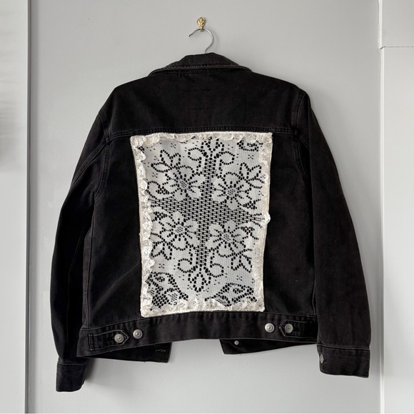 H&M Jackets & Blazers - Handmade Upcycled Black Denim Jacket with Lace Detail
